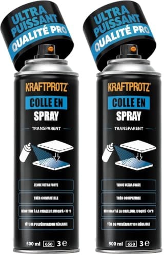 Colle en spray transparente 500 ml – KRAFTPROTZ ultra forte pour mousse, feutre, cuir, bois & caoutchouc – résistante à +70 °C – pulvérisation réglable – hautement compatible pour bricolage & DIY