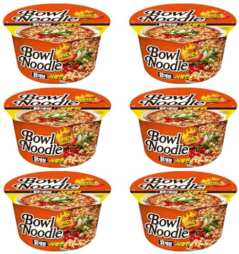Korean Style Spicy Chicken Flavour Instant Bowl Noodles - 100g x 6 Bowls Chewy Noodles, Quick Meal