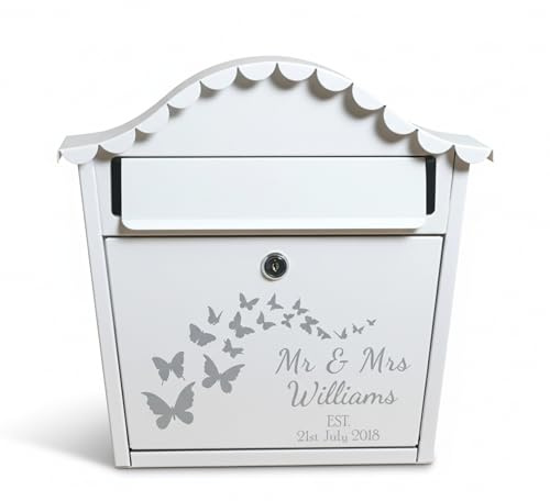 Personalised Wedding Letterbox White | Custom Name & Date Post Box with Butterflies | Modern Lockable Steel Wedding Card Box | Signs & Numbers | 33x34x13cm Front Access