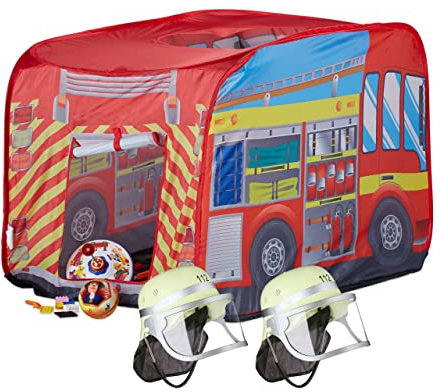 Relaxdays 3 TLG. Feuerwehr Set, Spielzelt Feuerwehr, 2X Feuerwehrhelm Kinder, Kinderzelt für Drinnen & Draußen, ab 3, Mehrfarbig