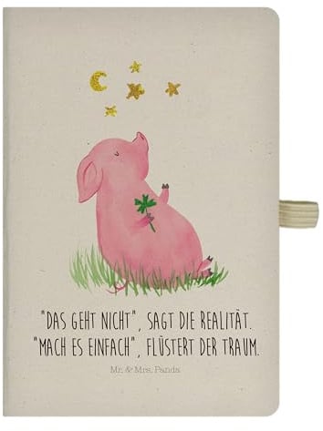 Mr. & Mrs. Panda DIN A4 Baumwoll Notizbuch Glücksschwein - Geschenk, lustige Sprüche, Schweinchen, gute Laune, Motivation, Sernchen, Tagebuch, Adressbuch, Notizblock, Tiere, Journal, Schreibheft