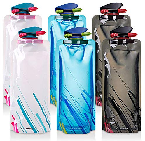 JAHEMU Faltbare Trinkflasche 700ml Wasserflaschen Zusammenklappbare Wiederverwendbare Wasser Tasche Trinkbeutel für Wandern Abenteuer Reisen 6 Stück