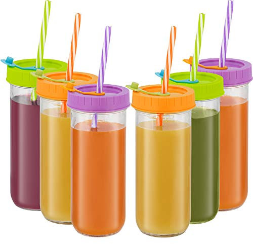 Glass Drinking Bottle Travel Drinking Jars 6 Pack, 16oz Mason Jars Regular Mouth Beverage Bottle with Airtight Lids &Straws, Reusable Water Bottle Skinny Tumbler for Juice/Smoothies,/Kombucha/Tea/Milk