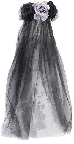 PURFUN Gothic Rose Floral Stirnband Krone Schleier Frauen Halloween Tag der Toten Blume Haarband Girlande Schwarz Brautschleier, Grau/langer Schleier, Einheitsgröße