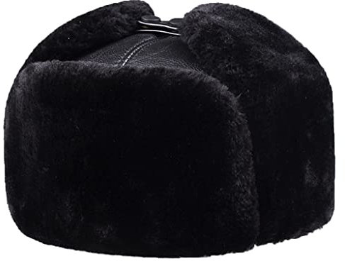 ZHOUXIAO Winter-Leder-Trapper-Hut Mit Ohrklappen Für Männer Und Frauen, Winddicht Wasserdichter Bomber-Hut-Aviator-Hut, Soldat-Russisch-Faux-Pelzhut, Geschenk Für Älteste black-62-63CM