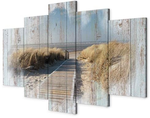B&D XXL - Wandbilder XXL Strand Meer 150x75cm 5 tlg - Wand Deko Leinwand Bilder Groß Wanddeko Wohnzimmer Schlafzimmer Kunstdrucke - Holzoptik Landschaft Natur Brücke c-C-0029-b-n