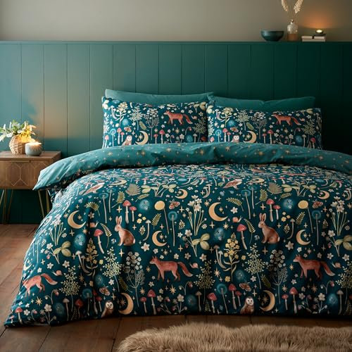 Catherine Lansfield Enchanted Twilight - Set copripiumino matrimoniale reversibile con federe, colore: verde foresta