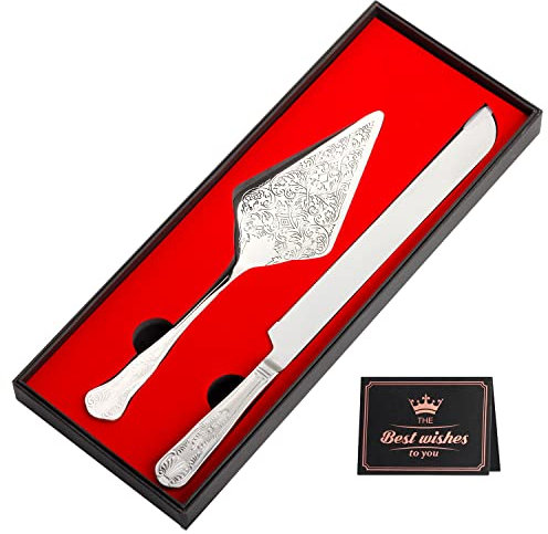 BOLUX-JS Wedding Cake Knife and Server Set, Stainless Steel Cake Cutting Set with Engraved Plating Pattern, Elegant Design, Perfect for Engagement, Anniversary, Birthday, Party, Prom (Silver)