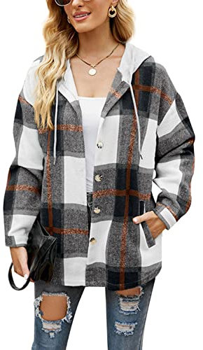 HVEPUO Veste chemise à carreaux Shacket à manches longues Chemisier Manteau en flanelle, f-noir, L