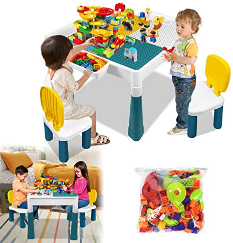ACXIN 6 in 1 Kindertisch Stuhl Set Aktivitätstisch Set Kindertisch Basteltisch mit 2 Stühle und 163 Bausteinen Multifunktionaler für Kinderzimmer und Kindergarten (Mit Blöcken)