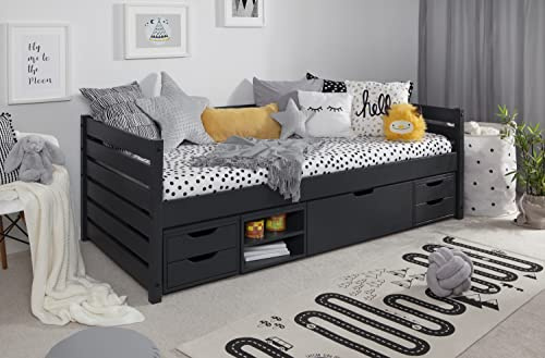 TiCAA Einzelbett Sofabett Funktionsbett, Naomi mit Schubkasten für Schlafzimmer, Kinderzimmer Kiefer Massivholz Bettgestell 90 x 200 cm