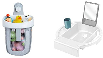 Munchkin Super Scoop Bath Toy Organiser, Grey,Medium (Pack of 1) & Rotho Babydesign Kinderwaschbecken Kiddy Wash, Zum Anbringen am Badewannenrand, 38,7 x 38,2 x 10 cm (1er Pack), Weiß, 20034 0314 01