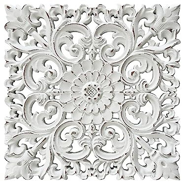 Musanpou Panneaux muraux uniques en bois sculpté à la main avec décorations florales suspendues – Décoration murale rustique pour salon et chambre à coucher