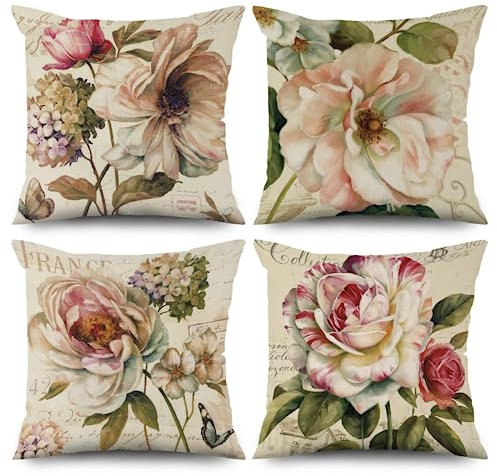 ASDCXZ Kissenbezug Retro Blumen 50x50 cm 4er Set, Retro Rose Blume Beige Sofa Kissen Dekokissen Kissenbezüge Kissenhülle Waschbar Polyester Flachs Textil Outdoor Polster Kopfkissenbezug Kissen Bezug