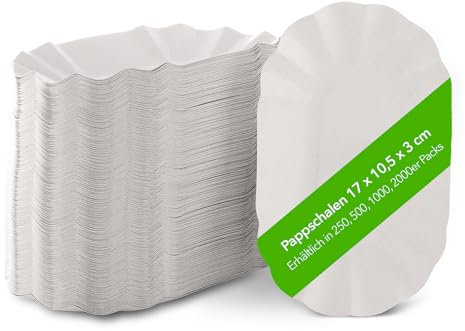 Ecocleo® Pommes Schalen 17x10,5x3cm, 250 Stück, Currywurst Schale, Pappschalen Einweg, Pommesschalen, Chips Schale, Pappschüsseln, Nacho Schale, Bowl Schale, Einwegschalen, Pappschale | EU Made