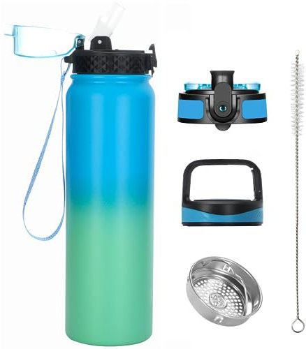 OLDLEY Stainless Steel Water Bottle with Straw 1L Vaccum Insulated Large Drink Flask Metal Water Bottles 1 Litre Leakproof Keep Drinks Hot Cold for Sports Gym with Different Lids(Blue Green, 3 Lids)