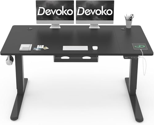 Devoko 140x80cm Escritorio Elevable Eléctrico de Carga Tipo A, Escritorio para Computadora Ajustable en Altura con Bandeja de Gestión de Cables y Memoria de 3 Funciones, Negro