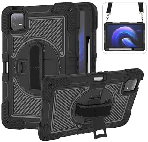 Nikaque Étui de tablette pour Xiaomi Mi Pad 6/Mi Pad 6 Pro (11, modèle 2023) robuste, triple couche, résistant aux chocs, rotation à 360 degrés, avec bandoulière, noir intégral