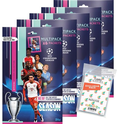 Bundle mit Topps - Champions League 2023/24 - Sammelsticker - 5 Multipack + Exklusive Collect-it Hüllen