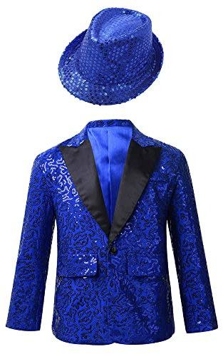 CHICTRY Kinder Junge Pailletten Sakko Langarm Blazer Jacke Slim Fit Glitzer Anzugjacke Party Revers Anzug Jacket Mit Hut Kinderkostüm Blau 146-152