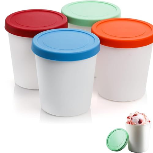 TOOSOAR 4 pièces Bacs à Glace avec Couvercle,Pot à Glace de 1L Rond et Réutilisable pour Les Crèmes Glacées Fait-Maison, vos Sorbets, Yogourts,Sans BPA,Passe au lave-Vaisselle et au Congélateur