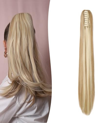 Gairyan 60cm Cola de Caballo Extensiones Pelo Natural Coleta Postiza Lisa con Pinza Extensiones Coleta Larga con Pinza Extensiones de Cabello Postiza Pelo Sintético - Rubio arenoso & Rubia