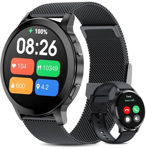 HOAIYO Smartwatch Herren Damen mit Telefonfunktion, 1.5 Fitnessuhr Armbanduhren Sportuhr mit Pulsmesser, Musiksteuerung, Schrittzähler, Wasserdicht Fitness Tracker (Schwarz/Edelstahl, 1.5)