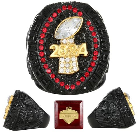 HuangouSA 2024 Fantasy Fußball Meisterschaft Ring mit Holzbox Liga Champion Trophäe Ringe Premium Award für Sieger, 11, Vergoldet und Silber, Weißer Diamant