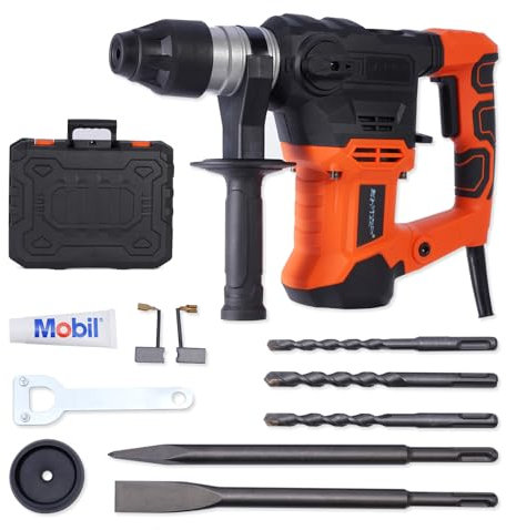 BHTOP Demolition Jack Hammer for Concrete,1-1/4 Inch Hammer Drill with Safety Clutch 4 Functions Cand Variable Speed with Drill Bits and Chisels for Concrete, Stone, Brick, Storage Case Included
