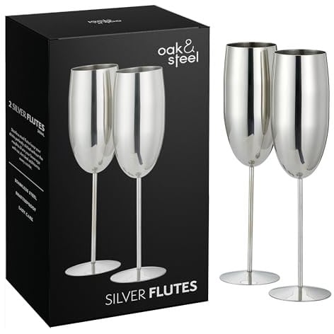 Oak & Steel 6 Silberne Champagner Gläser aus Edelstahl (280ml) - Bruchsichere Sektgläser/Prosecco Gläser mit Geschenkbox