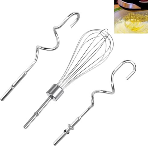3Pcs Kitchenaid Whisk Attachment, Food-Grade Stainless Steel Kitchenaid Hand Mixer Attachments, Replacement Beaters of Dough Hook and Whisk for KitchenAid & Hand Mixer