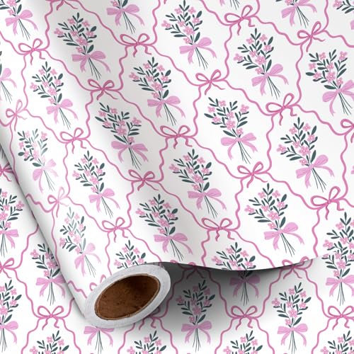 RUSPEPA Blumen-Geschenkpapier mit Schleifen, Mini-Rolle, 43,2 cm x 5 m, Geschenkpapier mit wunderschönen Blumenschleifen-Motiven, Geschenkpapier für Mädchen, Geburtstage, Partys