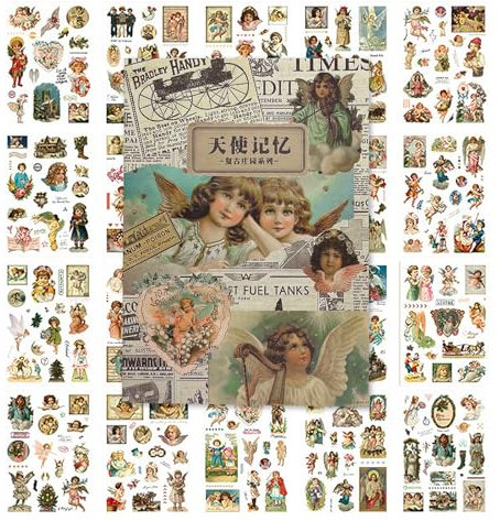 300 Stück Scrapbooking Aufkleber Set Selbstklebend Vintage Scrapbook Stickers,Verschiedene Muster Sticker für DIY Scrapbook Multimaterial Zubehör. (Engel Motiv)