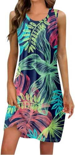 Robe Femme Ete, Robe De Plage Femme Mi Longue Fluide Robe Grande Taille Chic Et Elegant Femme sans Manches Robe Boheme Col Rond Marque Femme Vente en Ligne Pas Cher Robe Rose Clair L