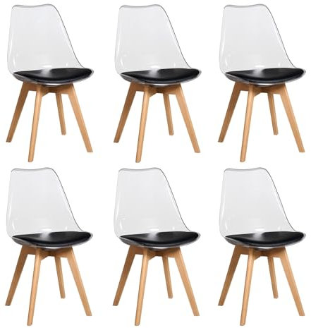 JZGORC 6er Set Esszimmerstuhls, Gepolsterter Esszimmerstuhl mit Transparenter Rückenlehne, Moderner, Einfacher Esszimmerstuhl, Küchenstuhl mit Buchenbeinen – Schwarzes PU-Leder