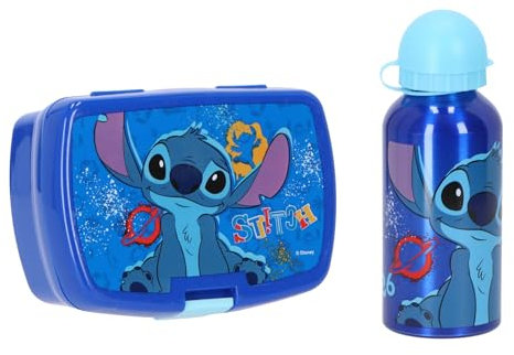 Disney Stitch - Lot de 2 boîtes à déjeuner pour enfant avec gourde - Bleu - Idéal pour l'école, la maternelle et les excursions