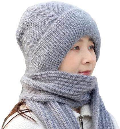 Integrierter Ohrenschal, winddicht, gestrickt, dick, warm, Ohrenschutz, Mütze, Kapuzenschal, Damen, Winter, Strickmütze, Sommerschals für Damen, leicht, grau, One size