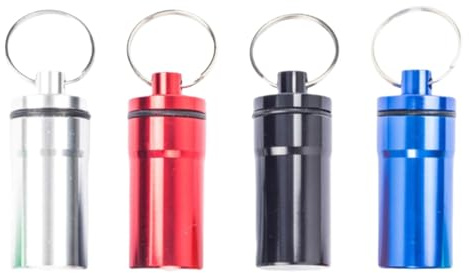 4-Pack Aluminium Ear Plug Cases, Waterproof Keychain Holders | 4 coloured aluminium cases with rubber-sealed screw-top lids and keychain loops for ear plugs, pills and essentials.