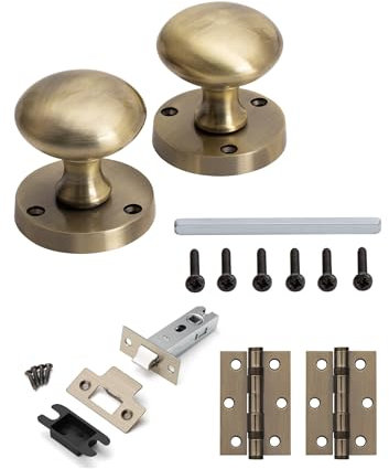 Golden Grace Antique Brass Mortice Sprung Door Knob Internal Pack with 1 Pair of 3 Ball Bearing Hinges and 75mm Tubular Latch (Door Knob Internal Set)