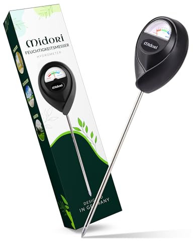 Midori Boden-Feuchtigkeitsmesser für Pflanzen | 1 Stück, Messgerät Feuchtigkeitsmessgerät in Schwarz 26,5cm Gesamtlänge mit 17,5cm langer Edelstahl-Sonde