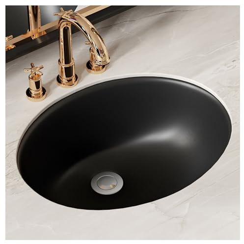 SmartSylva Lavandino da bagno ovale, 37,5 x 29,2 cm (dimensioni interne), ovale, in porcellana ceramica, sottotop con troppopieno, nero opaco
