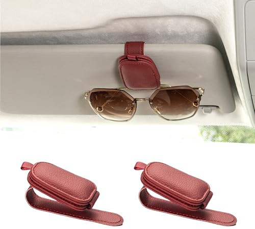 Yuoyar Sunglass Holder for Car, Magnetic Leather Sunglasses Holder and Ticket Card Clip, Car Visor Accessories, 2 Packs (Red)