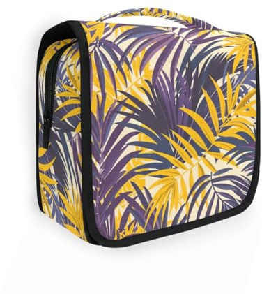Trousse de maquillage avec crochet de suspension Motif feuilles de palmier Violet Jaune