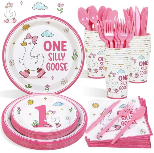 Lopeastar 175Pcs One Silly Goose Birthday Decor Girl Plates Set,Silly Goose Pink First Birthday Decorations for Girl Plates Napkins Cups and Cutlery 25 Guests
