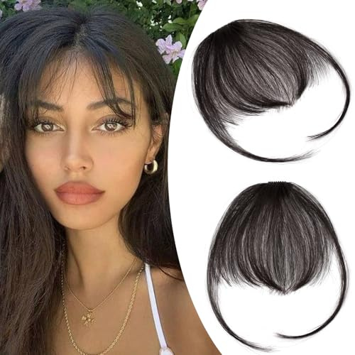 S-noilite Clip in Pony Echthaar #1B Natürliches Schwarz 100% Remy Haar Clip in Bangs Dünner Wispy Pony mit Schläfen - Haarteile Echthaar für Damen 3g