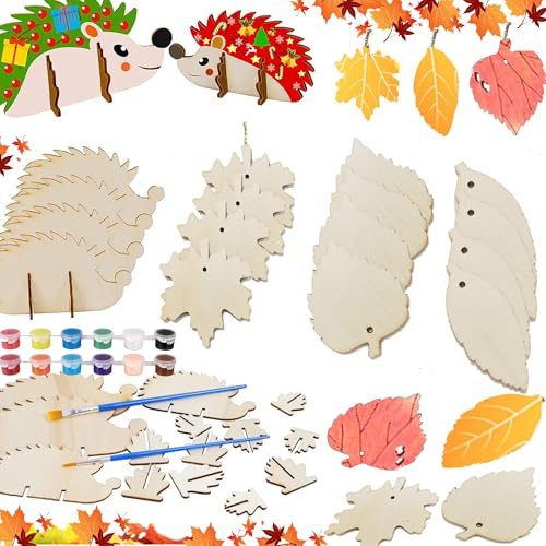 JUTAWAV Herbst Dekoration, Herbstdeko zum Aufhängen, 10cm Autumn Decor - 16er Ahornblatt Blätter Igel Holz Deko Hänger für Fenster Deko Hängen für Erntedankfest, Herbstdeko Draußen Innen