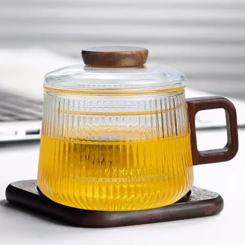 JanYoo Glass Tea Cup with Infuser and Lid, 200ml Tea Mugs with Handle Wood Saucer for Flower Tea Coffee at Home and Office(Clear Stripe)