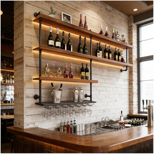 130cm Weinregal Zur Wandmontage mit Wein Glashalter,Massivholz Wandmontierte Weinregal mit LED-Licht,4 Lagiger Großes Industriell Schwebende Weinflaschenhalter,Geeignet für Küche,Home Bar,Café (130cm)
