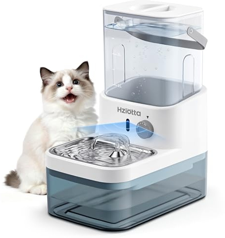 Hziotta Hziotta Katzenbrunnen Ohne Filter, 4000mAh Akku bis 25 Tage, Trinkbrunnen für Katze Edelstahl 3L Frisch- & 2.7L Abwassertank, Katzenbrunnen Mit Sensor Ultraleiser 30dB
