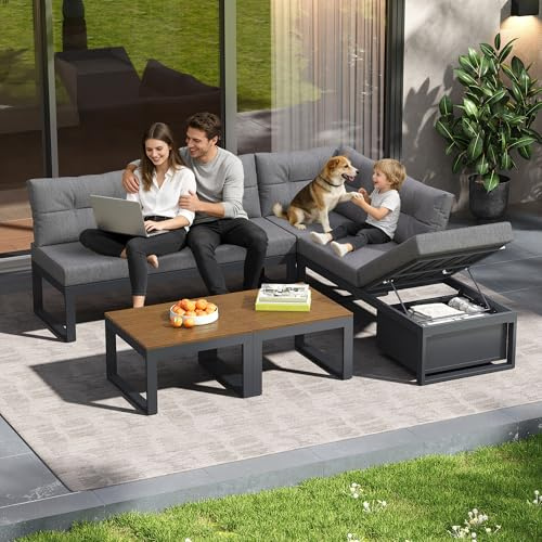 Xwiny Gartenmöbel-Set, Garten Lounge Set mit 3-Stufig Verstellbarer Rückenlehne und Stauraum, 5-teiliges, 2 Doppelsofa, 1 Ecksofa, 2 Tische, für Balkone & Gärten, Alle Kissen Inklusive (Dunkelgrau)